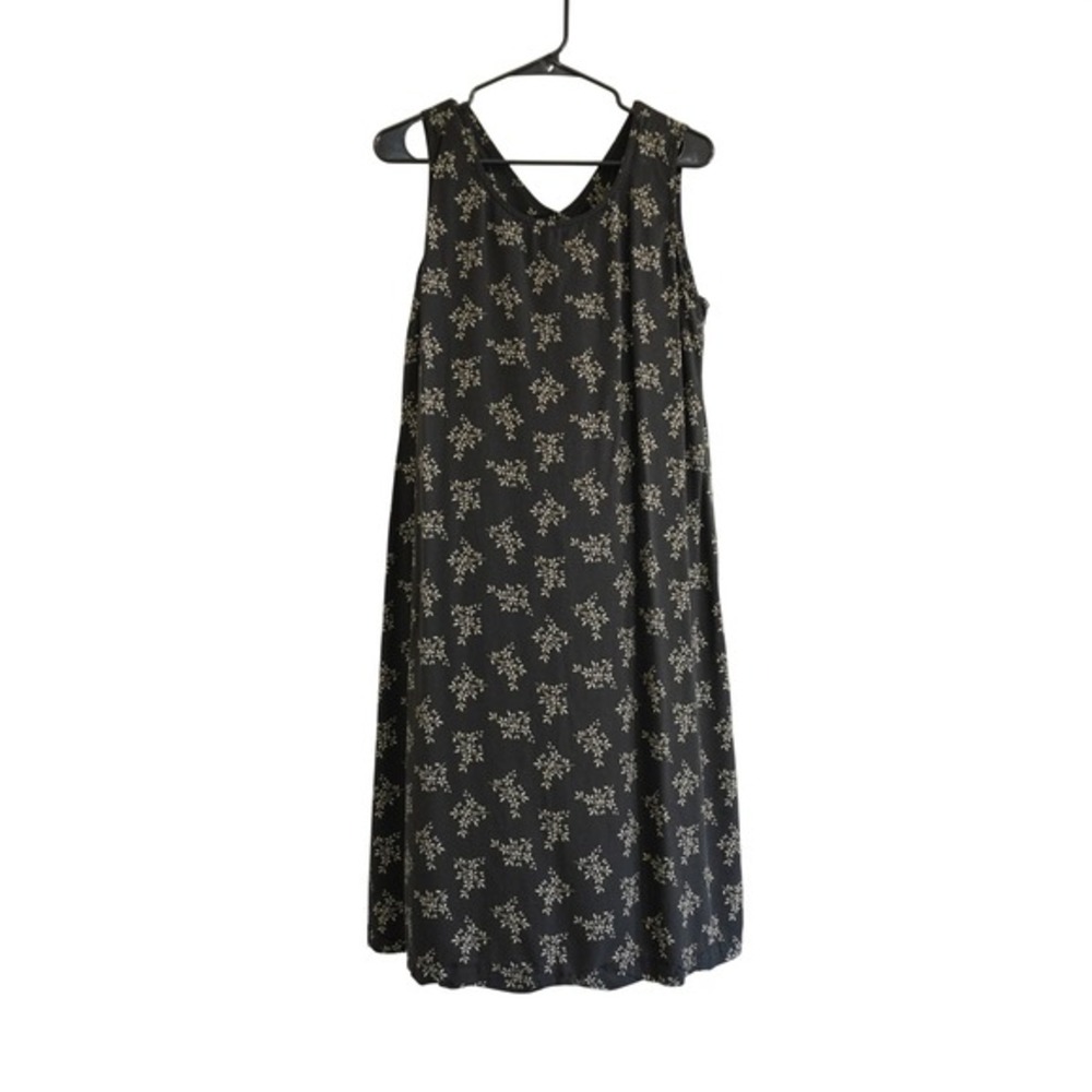 Vintage 90s Floral Rayon Maxi Shift Dress Black Cream Teacher Cottagecore Casual